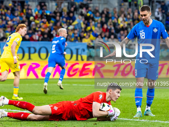 Hakon Rafn Valdimarsson and Daniel Leo Gretarsson are playing in the UEFA EURO 2024 Play-Offs final match between Ukraine and Iceland in Wro...