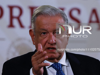President Andres Manuel Lopez Obrador is speaking at the morning press conference in front of reporters at the National Palace in Mexico Cit...