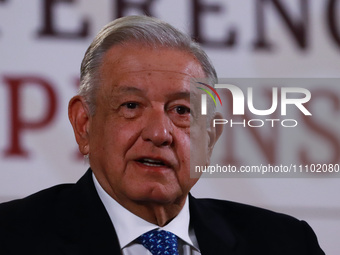 President Andres Manuel Lopez Obrador is speaking at the morning press conference in front of reporters at the National Palace in Mexico Cit...