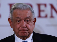 The President of Mexico, Andres Manuel Lopez Obrador, is speaking at the morning press conference in front of reporters at the National Pala...