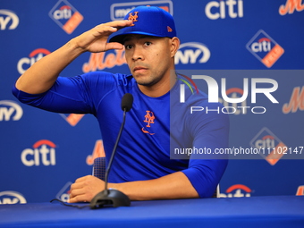 New York Mets starting pitcher Jose Quintana #62 is speaking to the media at a press conference at Citi Field in Corona, New York, on March...