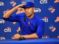 New York Mets starting pitcher Jose Quintana #62 is speaking to the media at a press conference at Citi Field in Corona, New York, on March...