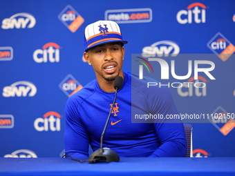 Francisco Lindor #12 of the New York Mets is speaking to the media at a press conference at Citi Field in Corona, New York, on March 26, 202...