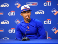 Francisco Lindor #12 of the New York Mets is speaking to the media at a press conference at Citi Field in Corona, New York, on March 26, 202...
