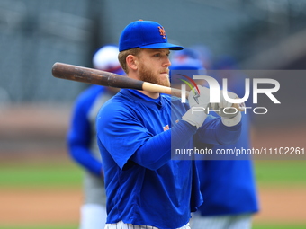 Harrison Bader, #44 of the New York Mets, is taking batting practice during workouts at Citi Field in Corona, New York, on March 27, 2024. (