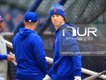 Brett Baty #22 of the New York Mets is taking batting practice during workouts at Citi Field in Corona, New York, on March 27, 2024. (