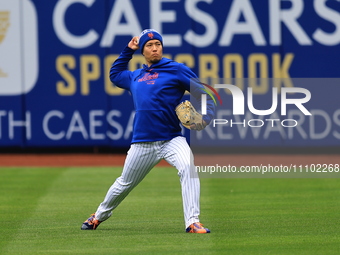 New York Mets starting pitcher Kodai Senga #34 is throwing during workouts at Citi Field in Corona, N.Y., on March 27, 2024. (