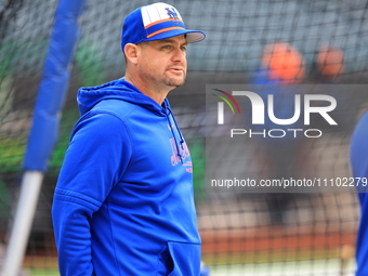 Carlos Mendoza, manager of the New York Mets, is watching batting practice during workouts at Citi Field in Corona, New York, on March 27, 2...