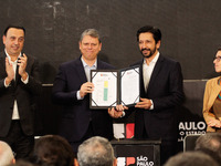 Governor Tarcisio de Freitas of Sao Paulo State and Mayor Ricardo Nunes of Sao Paulo City are signing the decree of public utility (DUP) and...