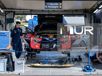 Thierry Neuville and his co-driver Martijn Wydaeghe of the Hyundai Shell Mobis World Rally Team are servicing their Hyundai i20 N Rally1 Hyb...