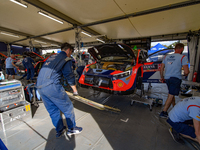 The Hyundai Shell Mobis World Rally Team is servicing their Hyundai i20 N Rally1 Hybrid in the service park in Naivasha, Kenya, during the F...