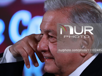 President Andres Manuel Lopez Obrador of Mexico is gesticulating while responding to media questions during a briefing conference at the Nat...