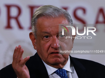 President Andres Manuel Lopez Obrador of Mexico is gesticulating while responding to media questions during a briefing conference at the Nat...