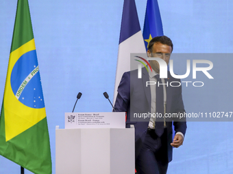 President Emmanuel Macron of France is participating in the Brazil-France Economic Forum at Fiesp on Avenida Paulista in Sao Paulo, Brazil,...