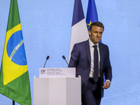 President Emmanuel Macron of France is participating in the Brazil-France Economic Forum at Fiesp on Avenida Paulista in Sao Paulo, Brazil,...