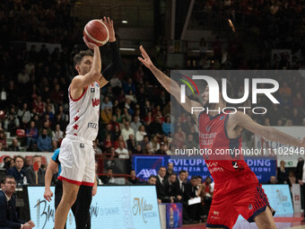 Davide Moretti of Itelyum Varese is playing during the FIBA Europe Cup match between Openjobmetis Varese and Nymburk basketball in Varese, I...