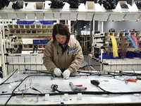A worker is working on a production line of wiring harness products for a complete vehicle at a workshop of a technology company in Fuyang,...
