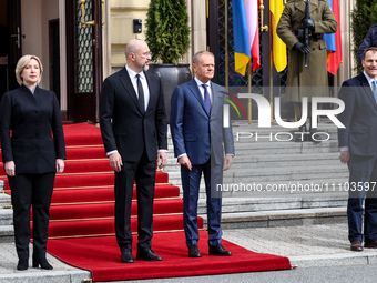 Prime Minister of Poland, Donald Tusk greets Prime Minister of Ukraine, Denys Shmyhal as Ukrainian delegation visits Poland for bilateral ta...