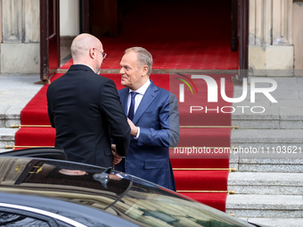 Prime Minister of Poland, Donald Tusk (R) greets Prime Minister of Ukraine, Denys Shmyhal (L) as Ukrainian delegation visits Poland for bila...