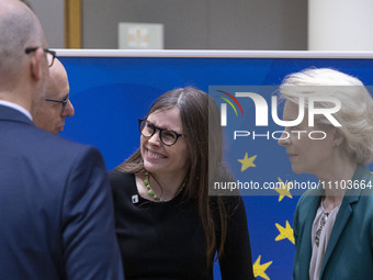 Prime Minister of Iceland Katrin Jakobsdottir before the round table session talking with President of the European Commission Ursula von de...