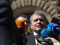 Member of Parliament Toshko Yordanov from the There Is Such a Nation political party is standing outside the presidential building in Sofia,...