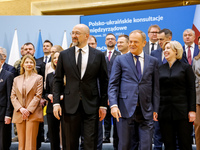 Prime Minister of Poland, Donald Tusk and Prime Minister of Ukraine, Denys Shmyhal arrive for a family photo as Ukrainian delegation visits...