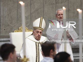 Pope Francis during the Chrism Mass at Saint Peter's Basilica in Vatican on March 28, 2024. (