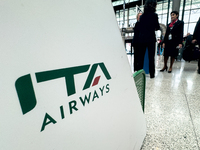 ITA Airways logo is seen in a store at Fiumicino Airport in Rome on March 28, 2024. (