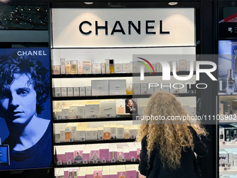 Chanel logo is seen in a store at Fiumicino Airport in Rome on March 28, 2024. (