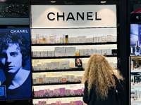 Chanel logo is seen in a store at Fiumicino Airport in Rome on March 28, 2024. (