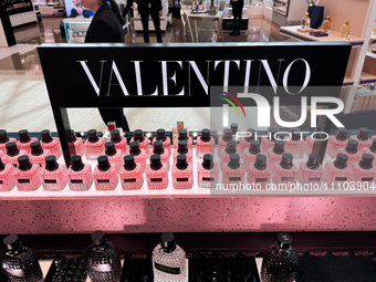 Valentino logo is seen in a store at Fiumicino Airport in Rome on March 28, 2024. (