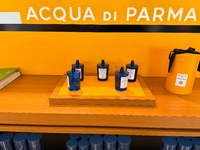 Acqua di Parma logo is seen in a store at Fiumicino Airport in Rome on March 28, 2024. (