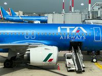 ITA Airways plane is seen at Fiumicino Airport in Rome on March 28, 2024. (