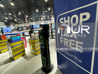 Shop Tax Free sign is seen at Fiumicino Airport in Rome on March 28, 2024. (