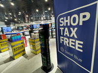 Shop Tax Free sign is seen at Fiumicino Airport in Rome on March 28, 2024. (