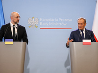 Prime Minister of Poland, Donald Tusk speaks during a press conference  with Prime Minister of Ukraine, Denys Shmyhal  during bilateral talk...