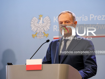 Prime Minister of Poland, Donald Tusk speaks during a press conference  with Prime Minister of Ukraine, Denys Shmyhal  during bilateral talk...