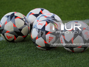 The official ball of the Women's UEFA Champions League is on the pitch during the match between FC Barcelona and SK Brann, which corresponds...
