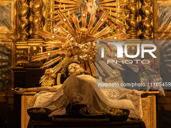 A Dead Christ statue prior to Good Friday procession is seen in Gubbio, Italy, on March 29th, 2024. The Dead Christ procession on Good Frida...
