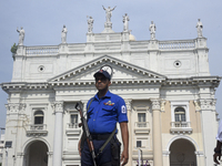 A Sri Lankan naval soldier is standing guard at St. Lucia's Cathedral in Kotahena, Colombo, Sri Lanka, on March 29, 2024. The Maligakanda Ma...