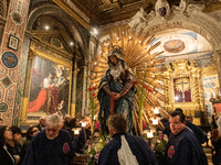 A statue of Our Lady of Sorrows is seen during Good Friday procession in Gubbio, Italy, on March 29th, 2024. The Dead Christ procession on G...
