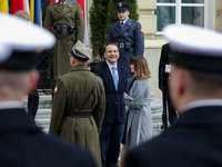 Poland's Foreign Minister Radoslaw Sikorski is arriving for the welcome ceremony for Ukraine's Prime Minister, Denys Shmyhal, ahead of bilat...