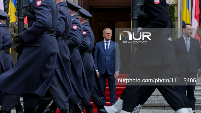 Poland's Prime Minister, Donald Tusk, is arriving for the welcome ceremony for Ukraine's Prime Minister, Denys Shmyhal, ahead of bilateral m...