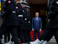 Poland's Prime Minister, Donald Tusk, is arriving for the welcome ceremony for Ukraine's Prime Minister, Denys Shmyhal, ahead of bilateral m...