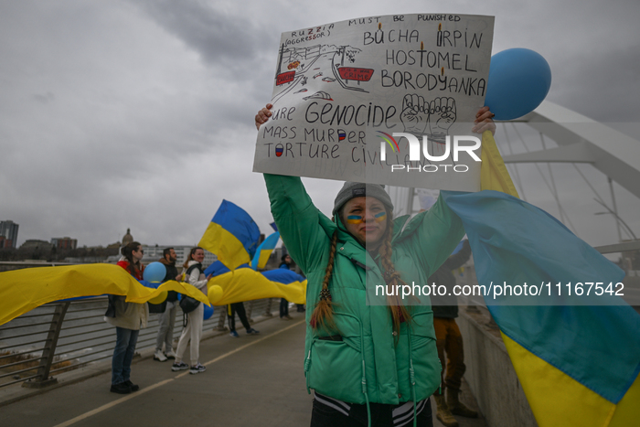 EDMONTON, CANADA - APRIL 21, 2024:
Members of the Ukrainian diaspora proudly wave national flags, hold blue and yellow balloons, and display...