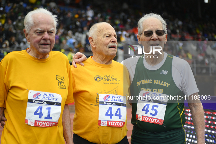 Joshua Buch, Edward Cox, and Bob Williamson are competing in the Masters Men's 100m dash for ages 85 and older on day 3 of the 128th Penn Re...