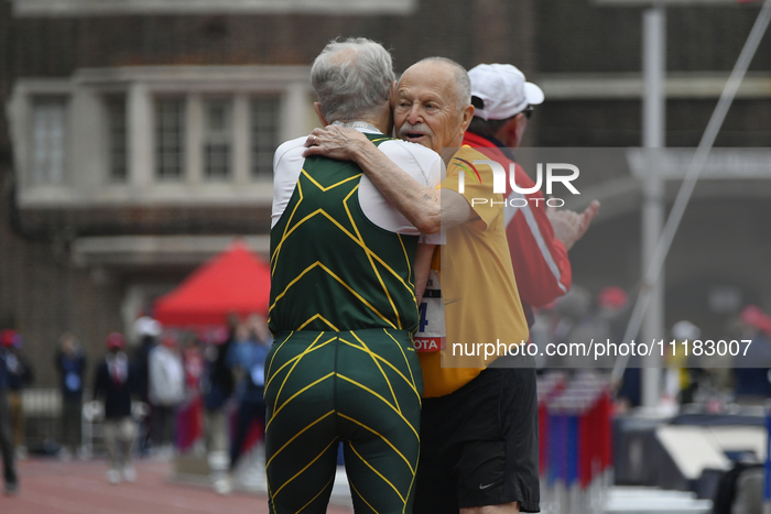 Athletes are competing in the Masters Men's 100m dash for ages 85 and older on day 3 of the 128th Penn Relays Carnival, the largest track an...