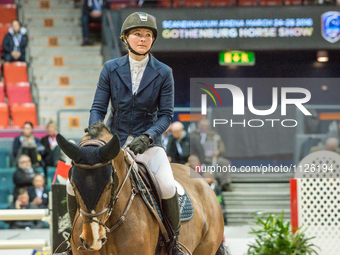Finnish horse jumper Satu Likkonen placed third in the opening 1.4m race against time during the 2016 Gothenburg Horse Show  in Gothenburg,...