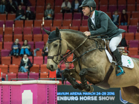 Swedish horse jumper and Olympic bronze medalist Rolf-Göran Bengtsson competes in the opening 1.4m race against time during the 2016 Gothenb...