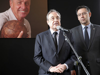 the president of the Real Madrid, Florentino Perez, and the president of the FC Barcelona, Josep Maria Bartomeu, during the ceremony in memo...